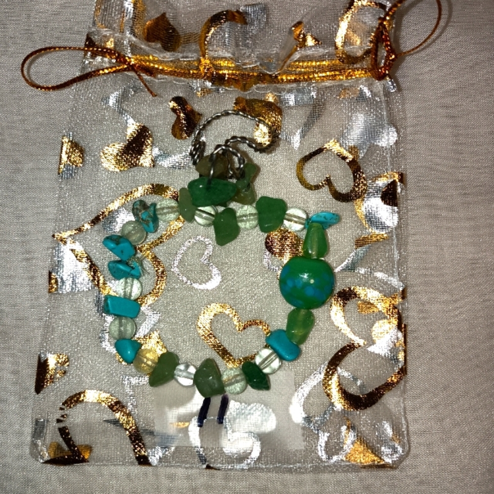 Green Adventurine and Turquoise crystal beaded bracelet/wire ring set